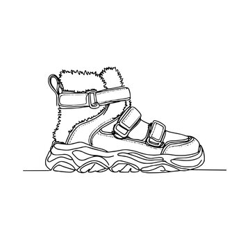 Unty footwear with fur and straps Winter clothing and footwear Outline / Minimal Linear Vector
