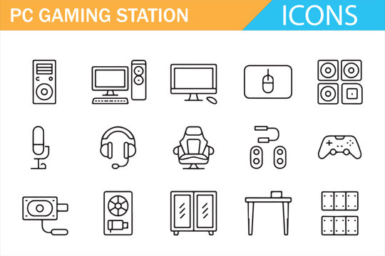 PC gaming station icons set in outline style showing computer setup elements including desktop, monitor, controller, gaming chair, headset, and accessories for gamers and tech enthusiasts vector illus