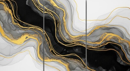 Abstract black and gold fluid art with marbling and swirling textures