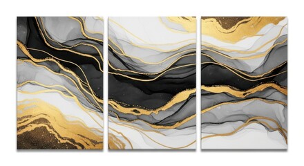 Elegant triptych wall art featuring abstract swirls of black gray white and gold