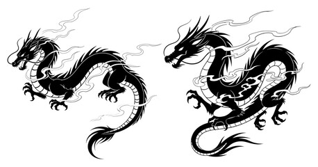 Two majestic dragon illustrations with smoke, embodying power and mystique