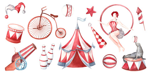 Watercolor set of vintage circus illustrations featuring classic striped tent, performers, and animals isolated on white background. Striped red and white attributes © Tatyana Sidorova