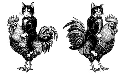 Whimsical ink drawing featuring a tuxedo cat riding a rooster, creating a humorous and vintageinspired animal illustration