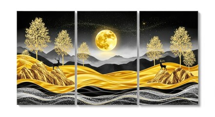 Abstract golden landscape with luminous moon and textured trees on a triptych canvas