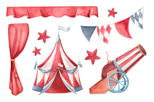 Watercolor set of vintage circus illustrations featuring classic striped tent, curtain, and cannon isolated on white background. Striped red and white attributes