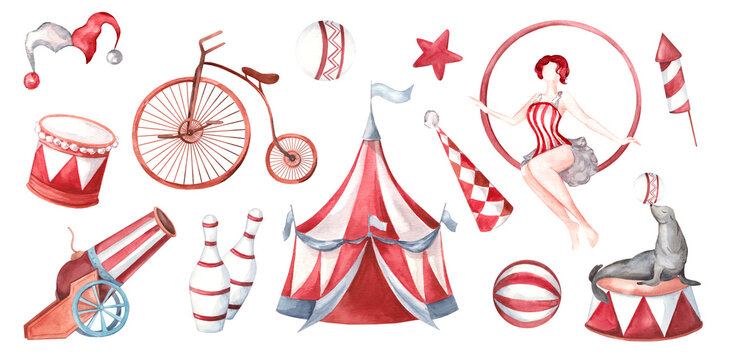 Watercolor set of vintage circus illustrations featuring classic striped tent, performers, and animals isolated on white background. Striped red and white attributes