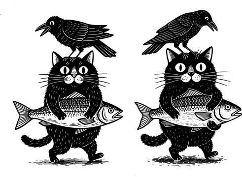 Quirky ink drawing showcasing a black cat carrying a fish with a crow perched on its head, a playful animal illustration