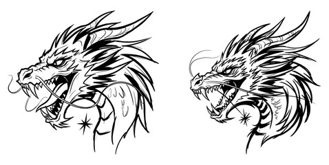Two dragon heads in profile, one with more detail