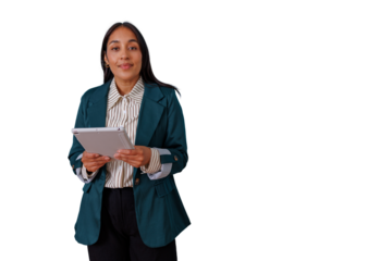 Businesswoman holding digital tablet, smiling and looking at camera, representing modern communication and technology