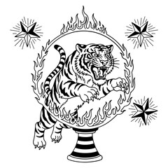 Tiger jumping through a ring of fire, a bold and dynamic illustration