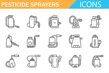 Pesticide sprayer icons set in outline style showing various agricultural spraying equipment, garden tools, and pest control devices for farm, greenhouse, and horticulture vector illustration