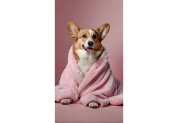 Cozy corgi dog in pink blanket Cute Welsh corgi wrapped in soft pink robe, relaxing Funny corgi sitting in fluffy pink blanket Adorable corgi dog