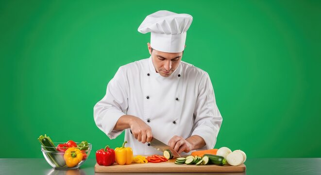 Chef expertly slicing fresh vegetables on cutting board, ready for delicious meal preparation