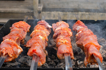 Grilling meat on an outdoor barbecue. Picnic BBQ.