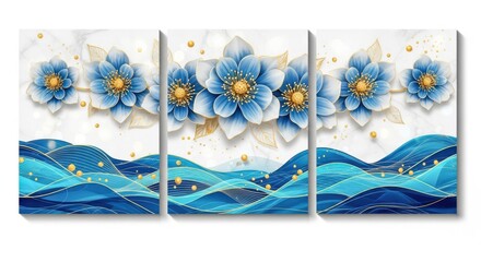 Abstract blue floral waves triptych wall art with golden accents and textured background