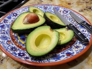 An avocado sliced on the plated.