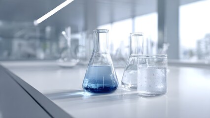 Vibrant Blue and Clear Solutions in Modern Laboratory Glassware on a Pristine White Workbench, Symbolizing Research and Innovation