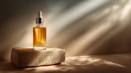 Golden Elixir: Natural Skincare Serum in Dropper Bottle on Stone Podium with Evocative Sunlight and Shadows