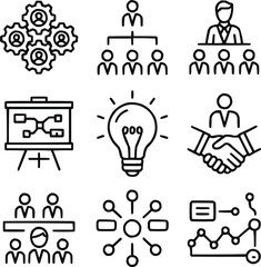 Business Organization and Management Outline Icons – Gear Settings, Team Structure, and Corporate Leadership