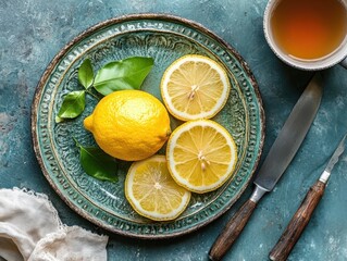 A sliced lemons on the nice old fashion plate with a cup of tea on the side.