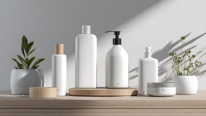Serene Minimalist Beauty: White Cosmetic Products and Natural Botanical Elements on a Wooden Shelf in Sunlight