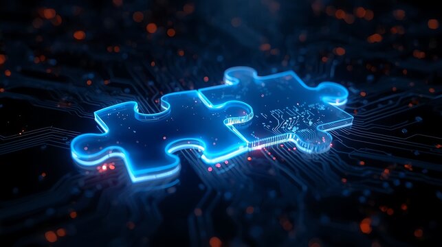Puzzle pieces connecting on circuit board background for technology solutions concept