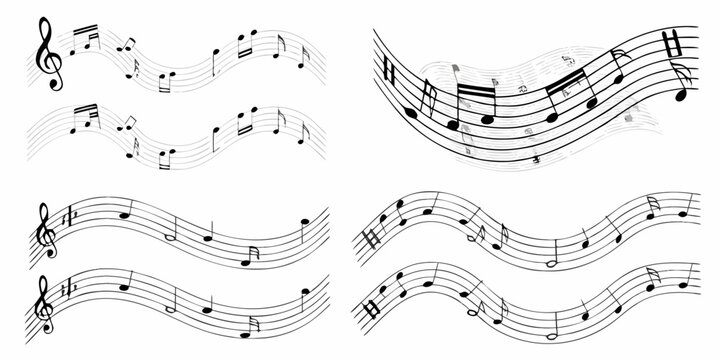 Collection of musical notes and staffs with treble clefs on wavy lines