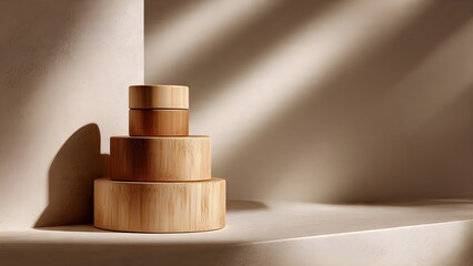 Minimalist Bamboo Pedestals Bathed in Warm Sunlight and Shadows on a Textured Beige Background