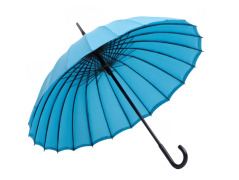 Blue umbrella with curved handle, open and isolated on transparency background, showing black ribs and waterproof fabric, perfect for rainy weather and outdoor protection