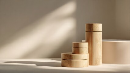 Natural Harmony: Stacked Bamboo Containers Bathed in Warm Sunlight