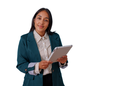 Indian businesswoman using a tablet, smiling and looking at camera, confident professional on transparent background