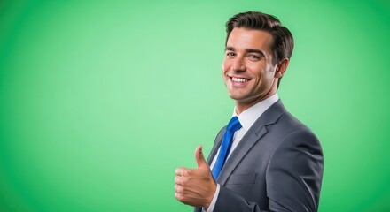 Confident businessman giving thumbs up, smiling with success and approval on green background