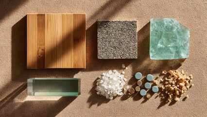 Earth-inspired material palette: A composition of natural wood, stone, crystal, and glass samples with textured elements and soft shadows