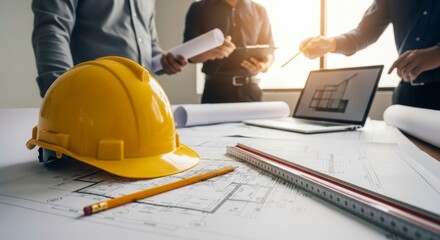Blueprint for Innovation: Collaborative architects huddled around a desk, engrossed in the creation of architectural design, with blueprint and hardhat symbolizing the project's foundation.