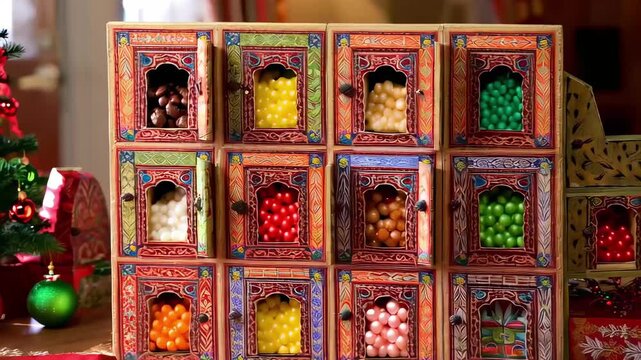 This charming video features a beautifully crafted decorative box filled with colorful candies. Each compartment reveals a delightful surprise, making it a perfect treat for special occasions and fest