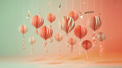 Festive background of hanging pink and coral paper lanterns and ribbons floating in a vibrant studio setting with soft gradient light, evoking joy.