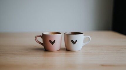 A pair of mugs with hearts on a wooden table in a home setting during an intimate Valentine's Day celebration.
