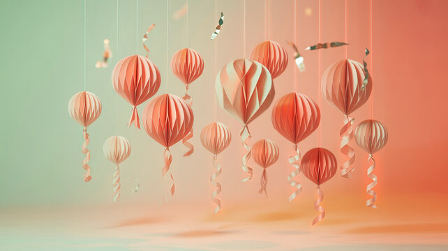 Festive background of hanging pink and coral paper lanterns and ribbons floating in a vibrant studio setting with soft gradient light, evoking joy.