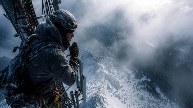 Telecom Technician Climbing Tower - Winter Mountain Maintenance - High Altitude - Powered by Adobe