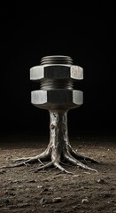 Surreal metallic tree trunk shaped like a giant industrial bolt, rooted firmly in the ground, representing strength and engineering ,foundation ,digital ,metal