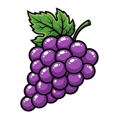 Cartoon illustration of a bunch of purple grapes with a green leaf, set against a white background, emphasizing bold colors.