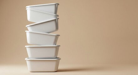 Surreal vertical stack of clean white ceramic bathtubs against a neutral background, highlighting modern design absurdity ,tub ,stacked ,white