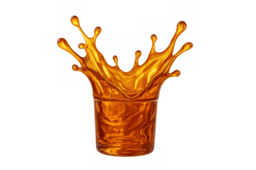 Golden liquid splashing, crown shape forming, precious fluid creating abstract flow on transparent background