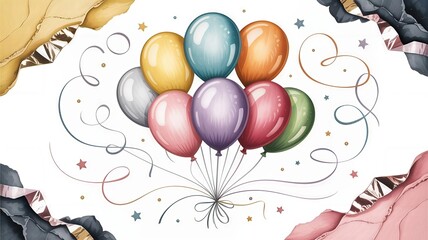 Watercolor illustration of a vibrant pastel balloon bouquet tied with ribbons, featuring decorative abstract gold and foil elements for a celebratory event background