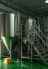 Sustainable brewing process showcasing eco-friendly practices, natural ingredients, and renewable energy in a modern, green facility ,reduced waste ,water ,pure