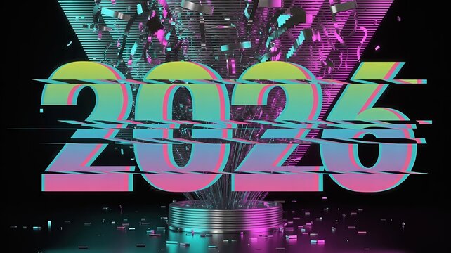Dynamic 2026 Text with Vibrant Neon Glitch Effect and Digital Explosion Confetti on a Dark Background, Ideal for Futuristic New Year Design Projects and Cyberpunk Themes.