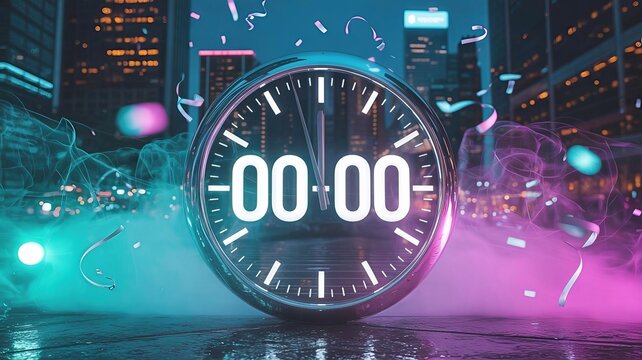 Futuristic neon clock striking midnight (00:00) during a vibrant New Year's Eve party in a moody metropolis, surrounded by confetti and dramatic cyan and magenta fog.