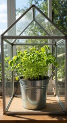 Sustainable gardening concept featuring a vibrant plant growing robustly inside a repurposed metallic container within a sunny glass house ,growing ,repurposed ,organic