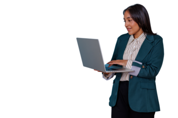 Woman businesswoman standing and typing on laptop, working with technology, online communication, transparent background