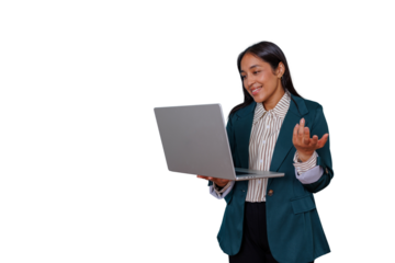 Businesswoman talking during video call, holding laptop, expressing ideas, communicating online, transparent background